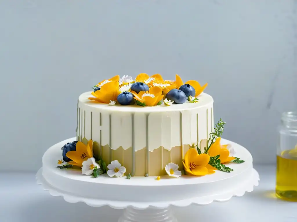 Delicioso pastel gourmet con flores comestibles y aceites esenciales Un exquisito pastel decorado con flores comestibles y glaseado de aceites esenciales, sobre un elegante soporte de mármol blanco