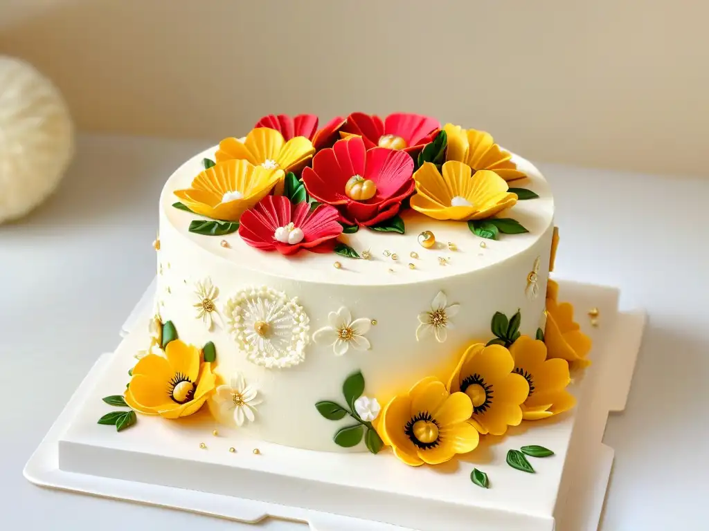 'Exquisito pastel decorado con flores de fondant y detalles en oro comestible