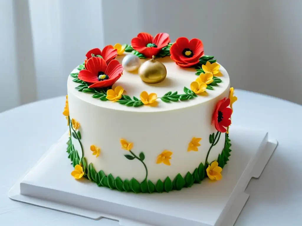 Exquisita tarta decorada con flores de fondant: arte en repostería online Exquisito pastel decorado con flores de fondant y detalles delicados, sobre fondo blanco