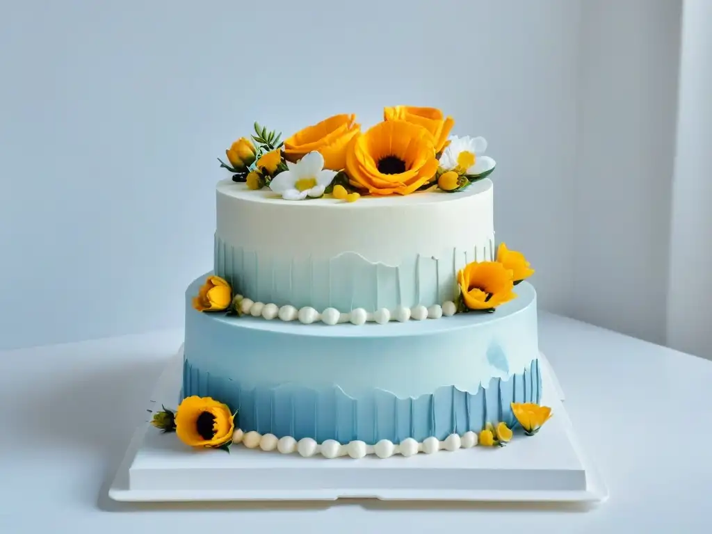 Un exquisito pastel decorado con flores y detalles elegantes en un soporte blanco, ideal para cursos online repostería cambio vida