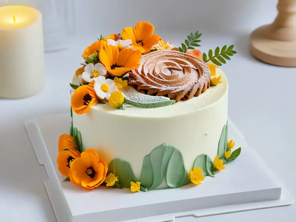 Exquisito pastel decorado con flores comestibles y detalles en fondant