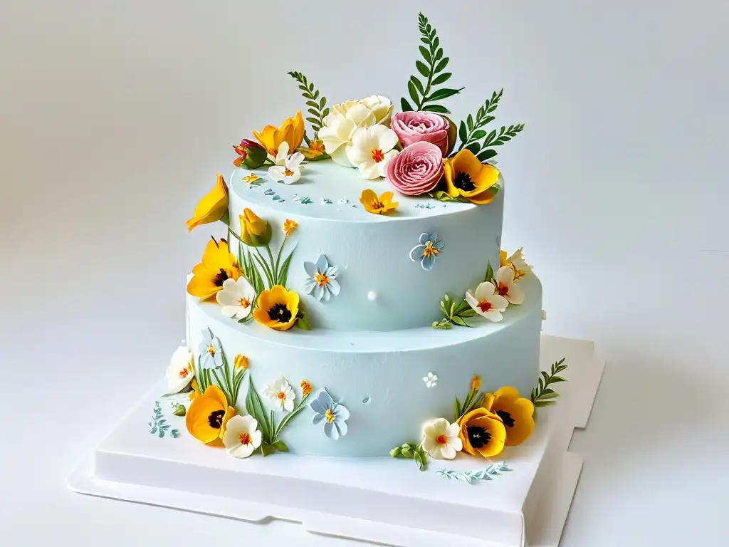 Exquisito pastel decorado con flores comestibles en tonos pastel