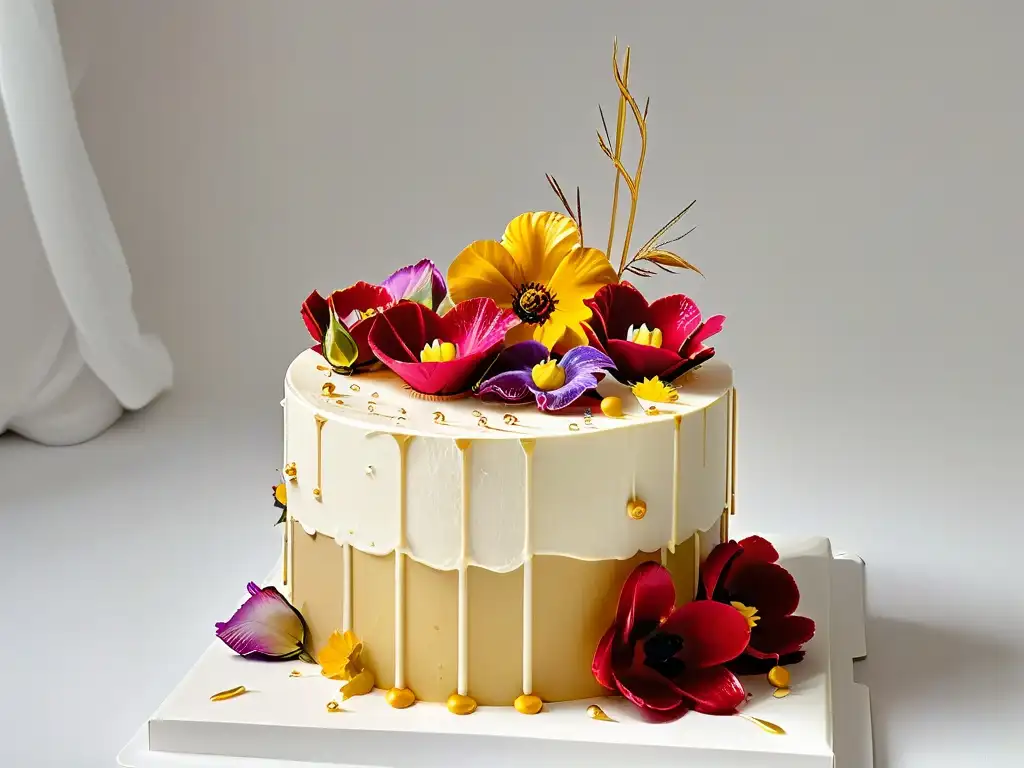 Exquisito pastel decorado con flores comestibles y hojas doradas, tendencias repostería redes sociales