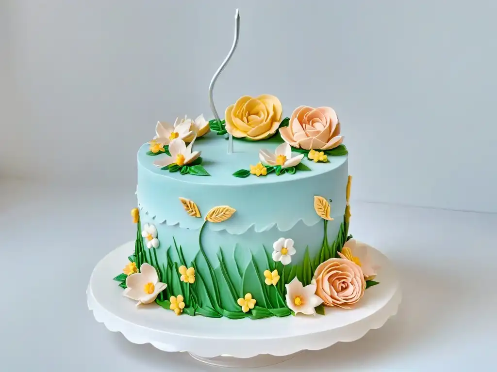 Un exquisito pastel decorado con fondant de colores pasteles y detalladas flores de azúcar, sobre un soporte blanco