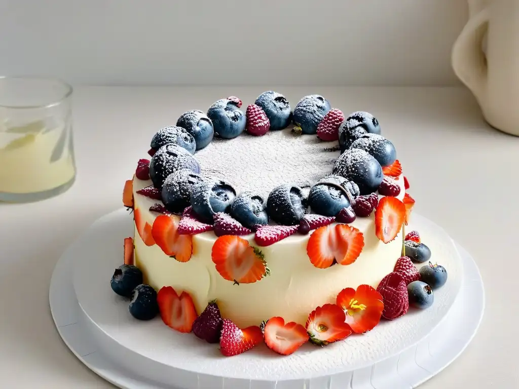 Un exquisito pastel decorado con frutas frescas y flores comestibles, ideal para integrar alternativas azúcar refinado repostería