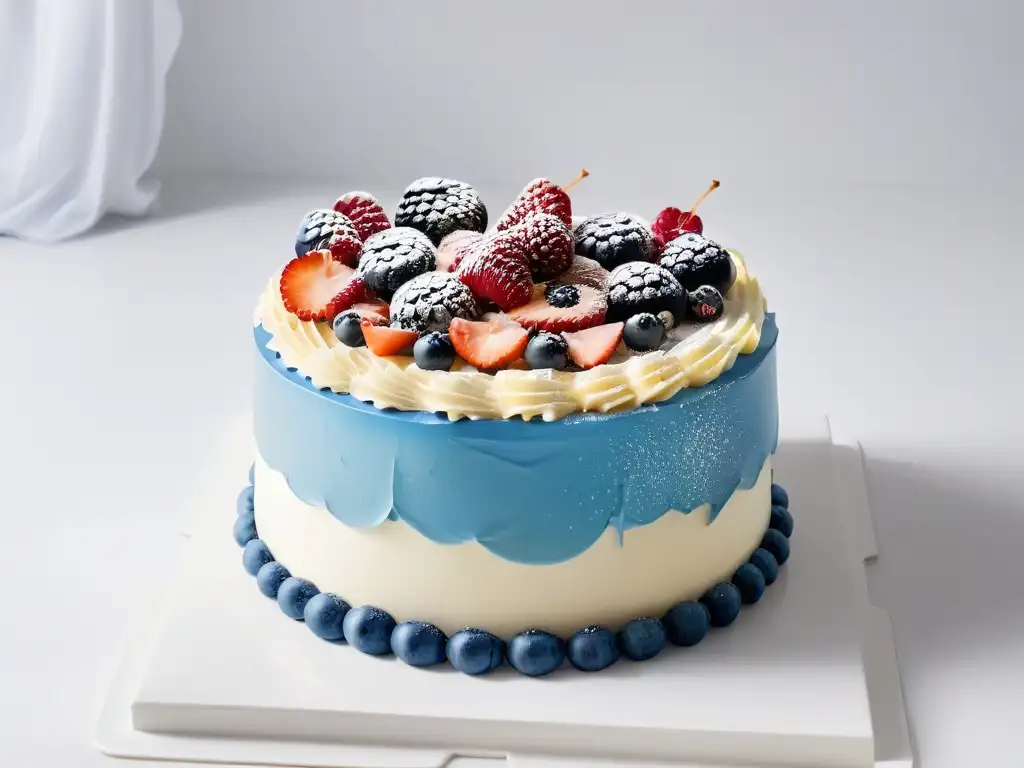 Un exquisito pastel keto decorado con precisión y frutos rojos frescos