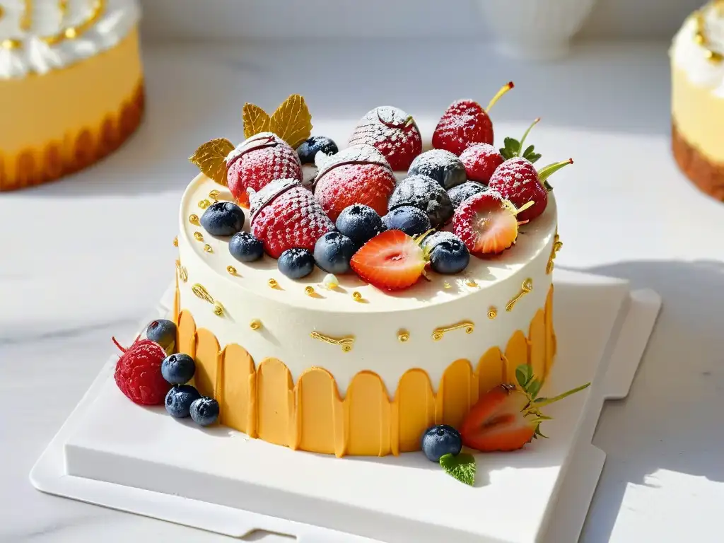 Un exquisito pastel decorado rodeado de bayas frescas y flores comestibles en una encimera de mármol