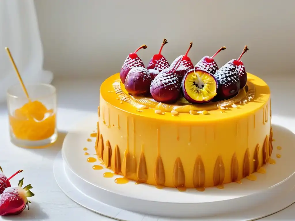 Un exquisito pastel decorado con sirope de yacón y frutas exóticas