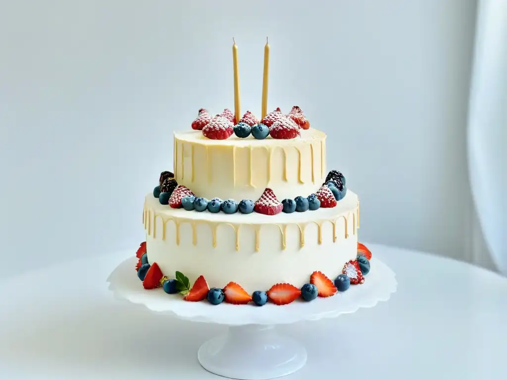 Exquisita tarta de lujo con detalles dorados Exquisito pastel de diseño delicado, con destellos dorados y bayas, destacando los Usos del alcohol en repostería