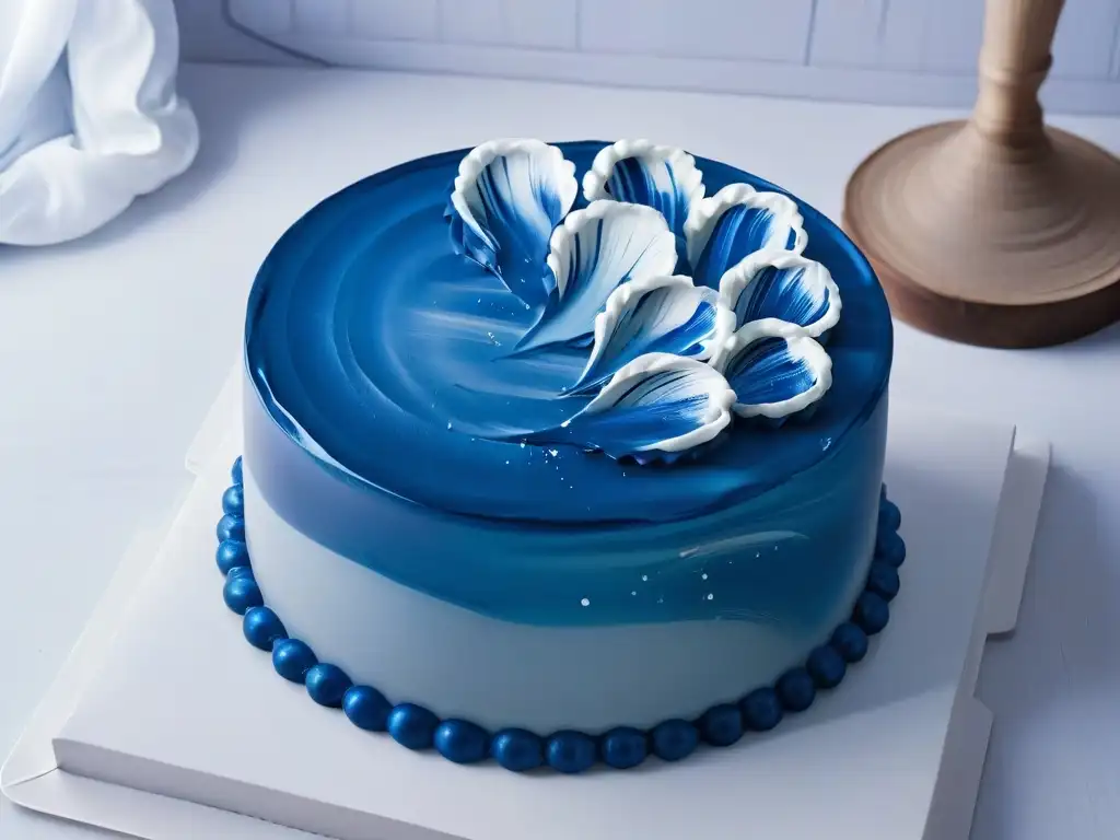 Exquisito pastel espejo en azul y plateado Exquisito pastel de espejo decoración en tonos azules y plateados, reflejando sofisticación y arte culinario