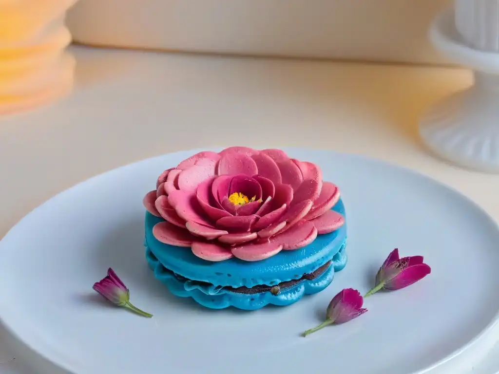 Exquisita macaron pastel con flor comestible Exquisito macaron pastel con flor comestible, sobre plato blanco