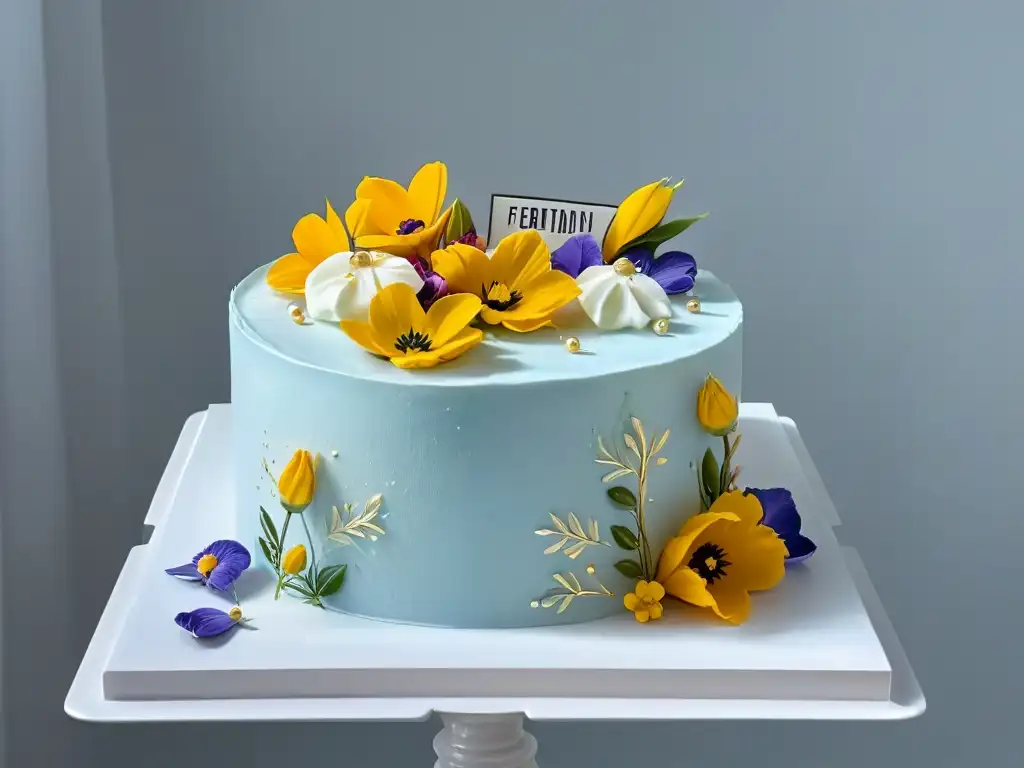 Un exquisito pastel con flores comestibles y detalles en oro, en un escenario moderno