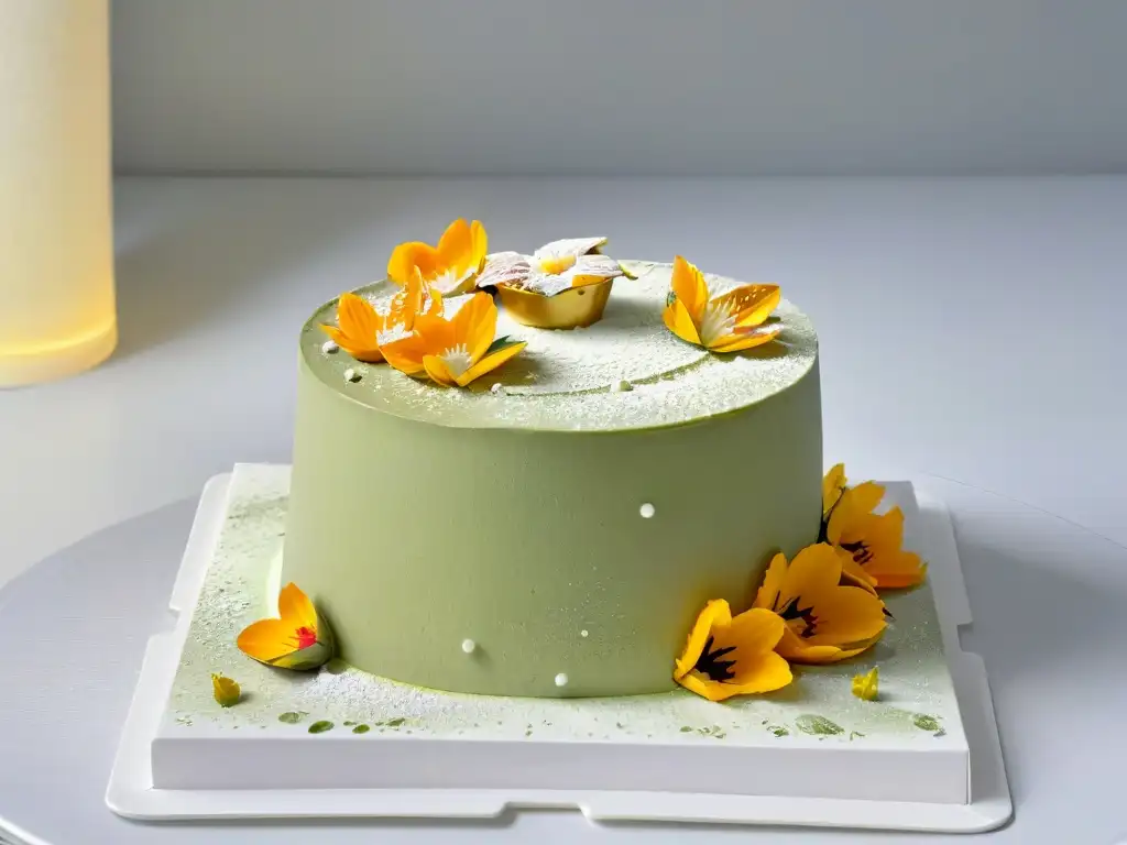 Exquisito pastel de té matcha con flores comestibles y toque dorado, sobre plato blanco moderno