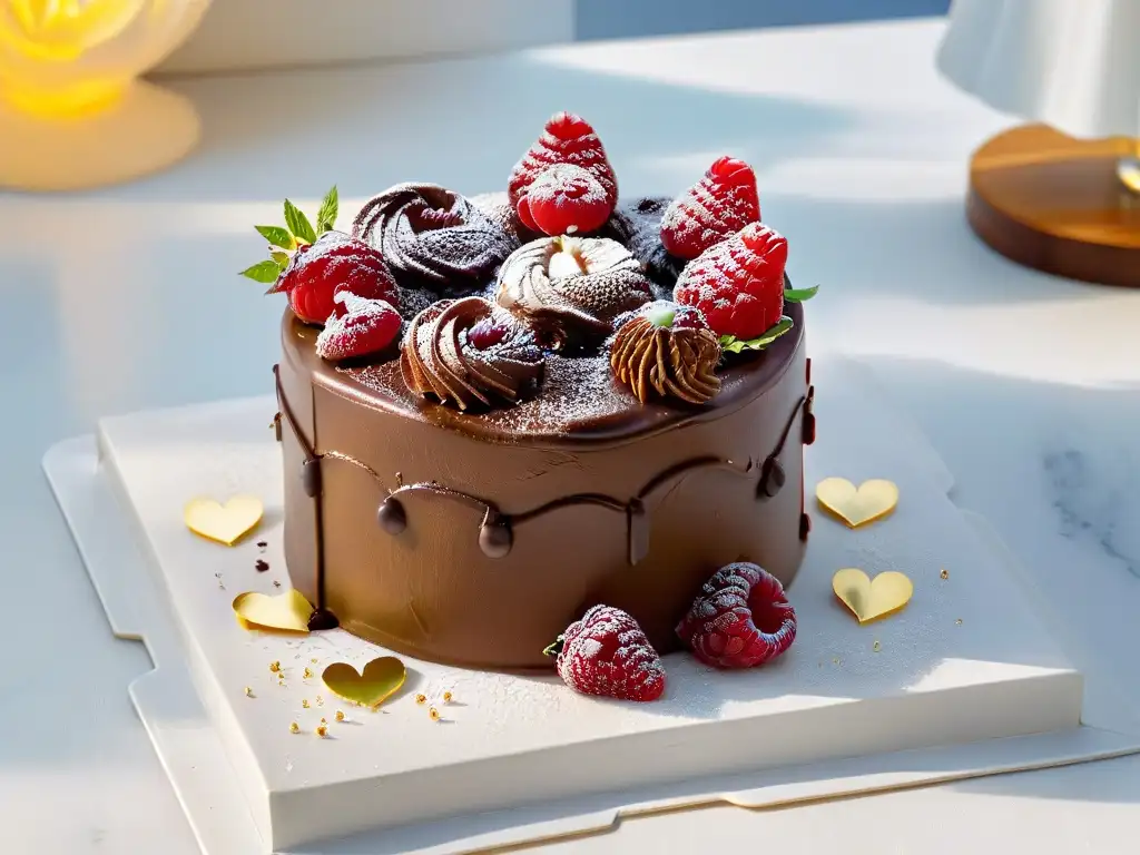 Un exquisito pastel de San Valentín con frambuesas y hojas de oro, sobre mármol blanco