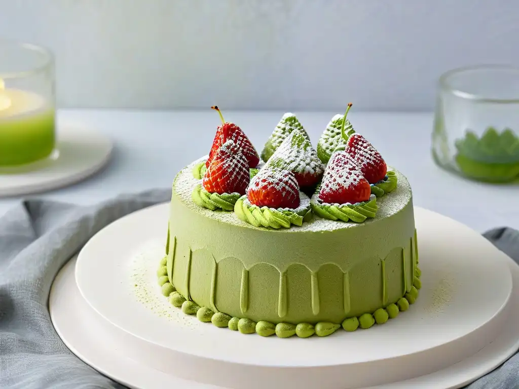 Un exquisito pastel de té matcha con fresas frescas, en un plato blanco sobre fondo minimalista