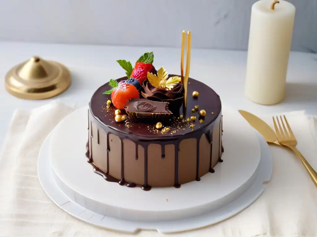 Exquisito pastel de ópera francés con ganache de chocolate y hoja de oro, en elegante mesa de mármol