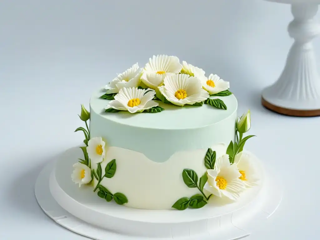 Un exquisito pastel sin gluten decorado con flores y follaje en tonos pastel, sobre un elegante soporte, ideal para repostería para celiacos mitos