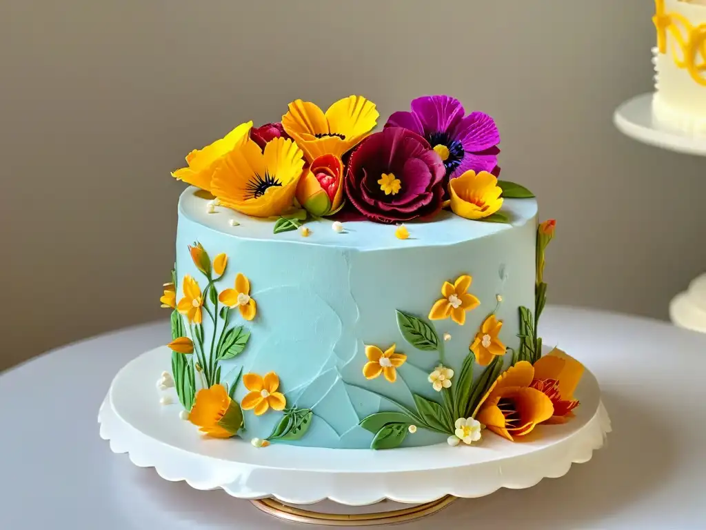 Exquisito pastel sin gluten decorado con detalle y flores comestibles