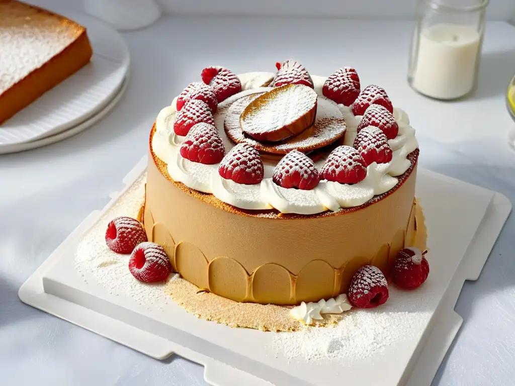 Un exquisito pastel sin gluten de harina de almendra, decorado con frambuesas frescas y azúcar glas