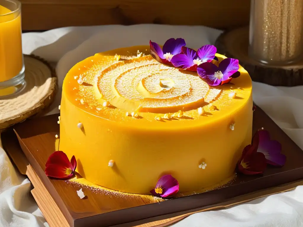 Un exquisito pastel sin gluten de mango y coco, adornado con flores comestibles y hojas de oro, sobre una mesa rústica