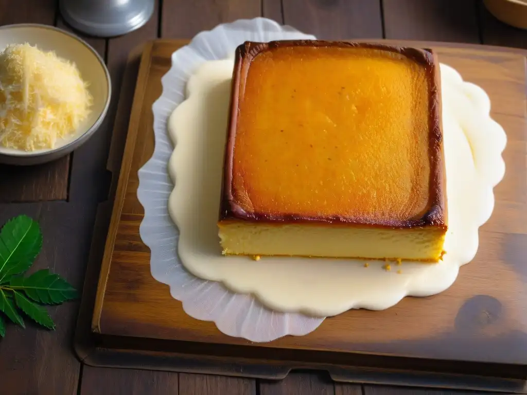 Un exquisito pastel de yuca recién horneado sobre una mesa rústica, con sabores únicos cassava cake