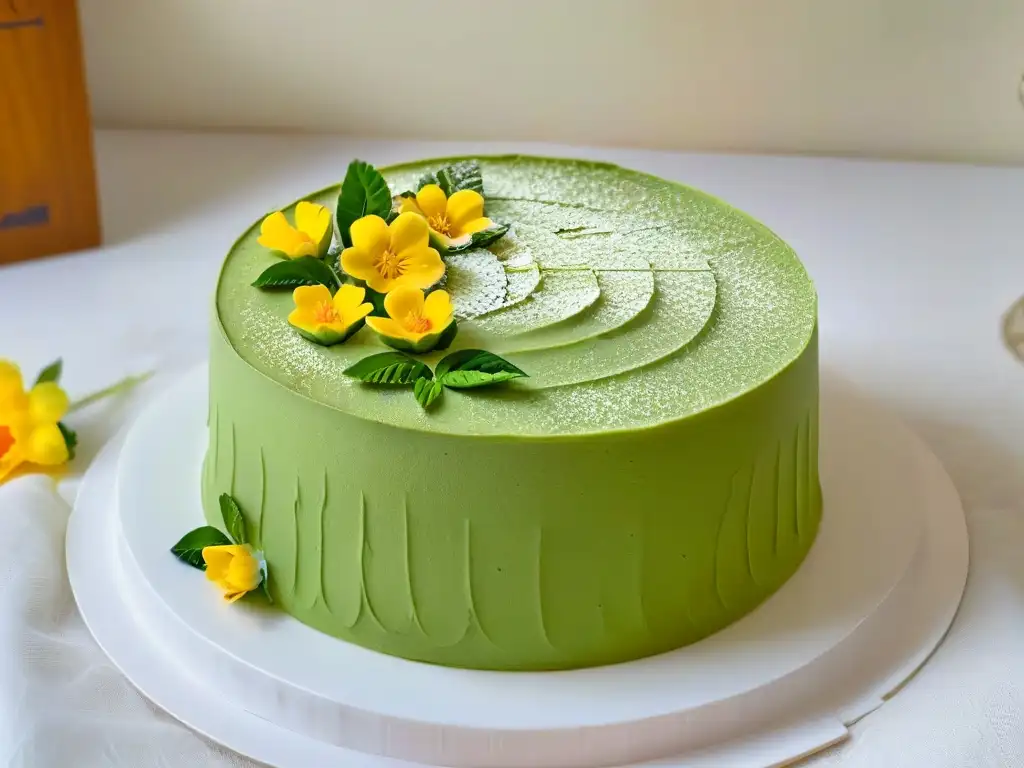 Exquisito pastel japonés de matcha con flores comestibles, en plato blanco sobre fondo pastel