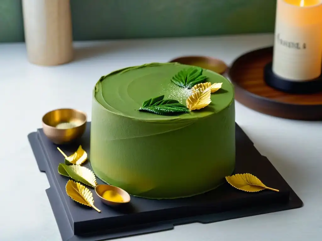 Exquisito pastel de té matcha con lámina de oro, acompañado de tetera japonesa y taza
