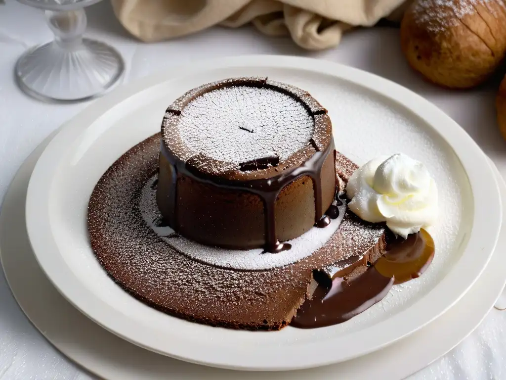 Delicioso lava cake sin gluten: indulgencia dorada Un exquisito pastel de lava de chocolate sin gluten, dorado y decadente, en plato blanco moderno