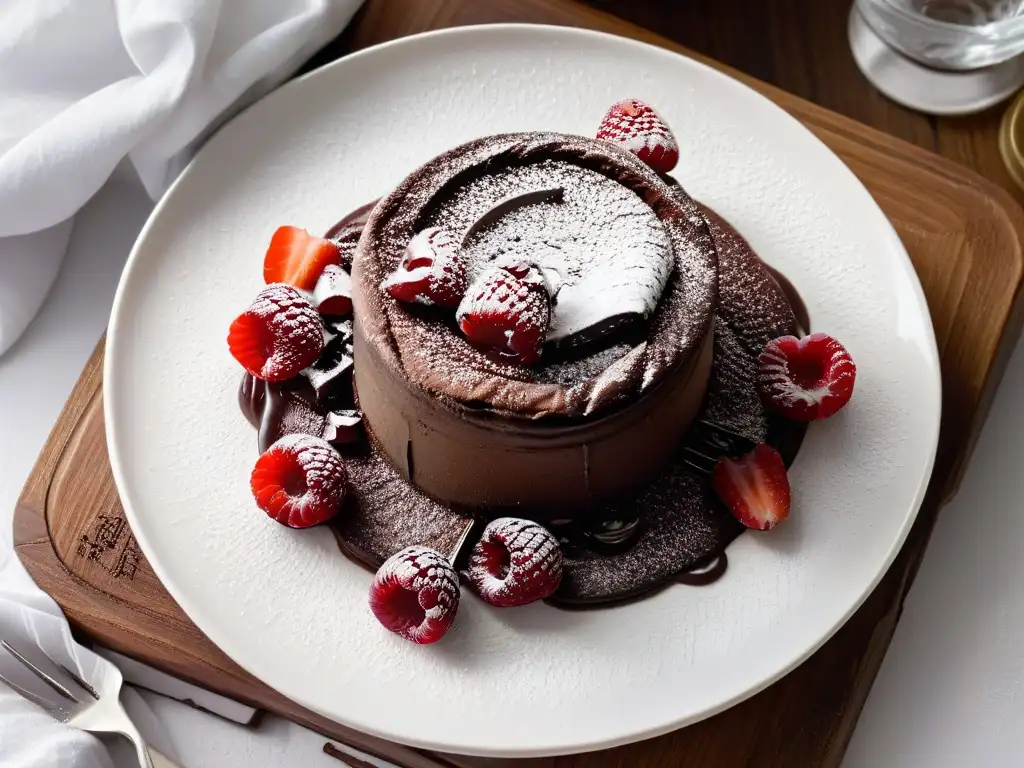 Un exquisito pastel de lava de chocolate con reducción de azúcar, decorado con frambuesas frescas