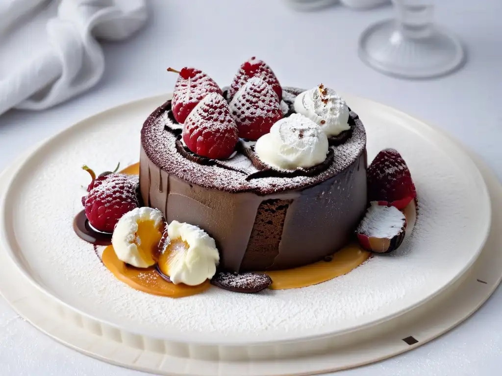 Un exquisito pastel de lava de chocolate con helado de vainilla y frambuesas frescas