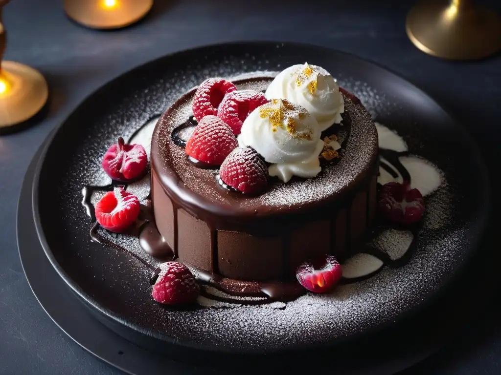 Un exquisito pastel de lava de chocolate con toque de lujo, rodeado de coulis de frambuesa y helado de vainilla en un elegante plato negro