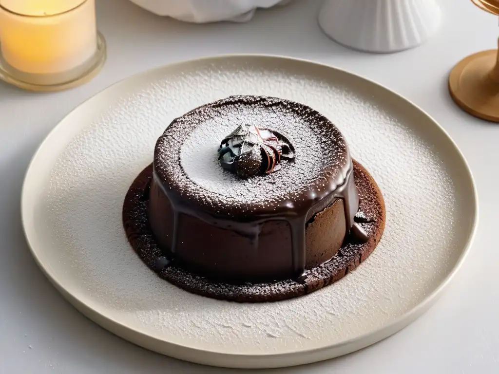 Un exquisito pastel de lava de chocolate, fusionando sabores con elegancia y sofisticación