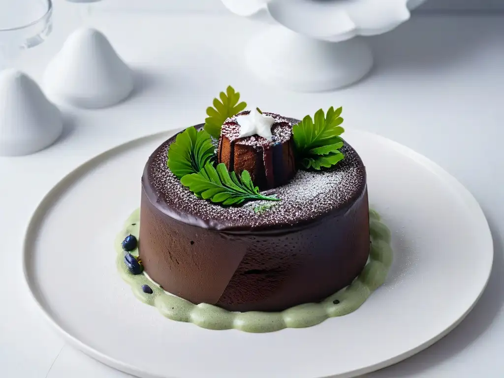 Un exquisito pastel de lava de chocolate con algas marinas, en un elegante plato blanco sobre fondo negro