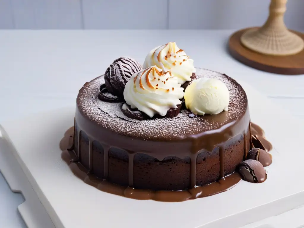 Un exquisito pastel de lava de chocolate con helado de vainilla derritiéndose, ideal para amantes de postres con sabores y aromas