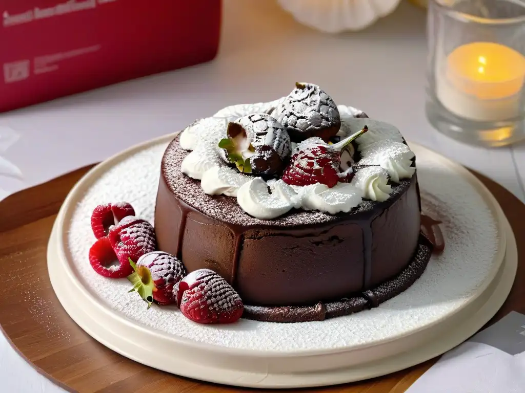 Un exquisito pastel de lava de chocolate con helado de vainilla, frambuesas y azúcar en polvo