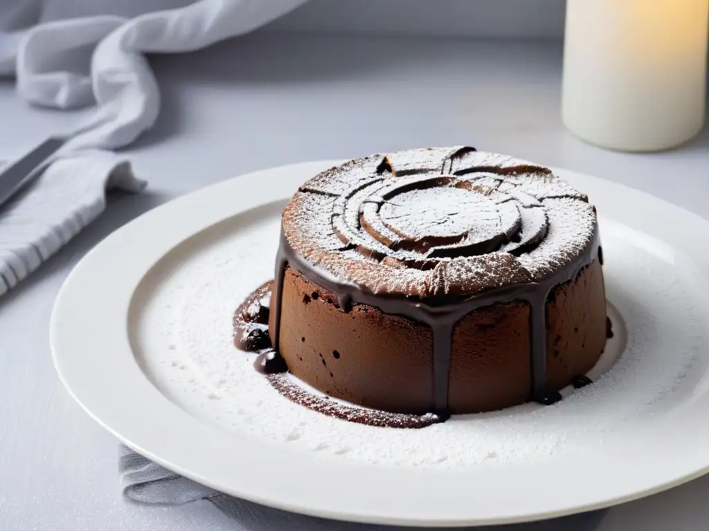 Un exquisito pastel de lava de chocolate sin gluten en un elegante plato blanco, desmitificando la repostería sin gluten