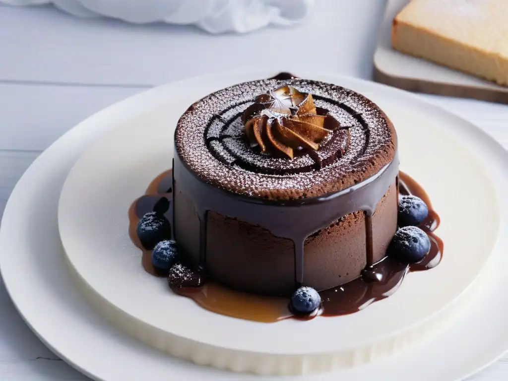 Un exquisito pastel de lava de chocolate con reducción de vinagre balsámico, una delicia gourmet que combina lujo y arte culinario