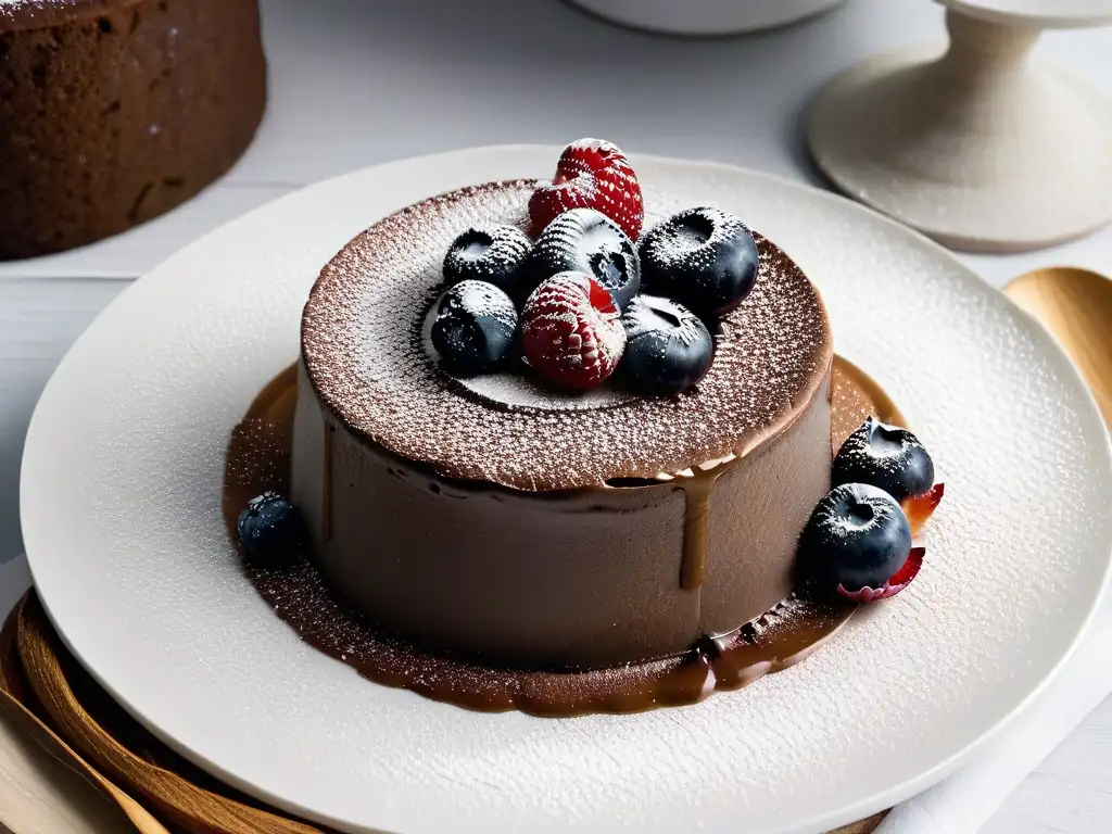 Un exquisito pastel de lava de chocolate con frutos rojos, azúcar glass y hoja de menta, en un plato blanco