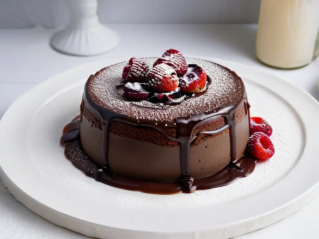 Un exquisito pastel de lava de chocolate en un plato blanco, con frambuesas frescas y un brillo tentador