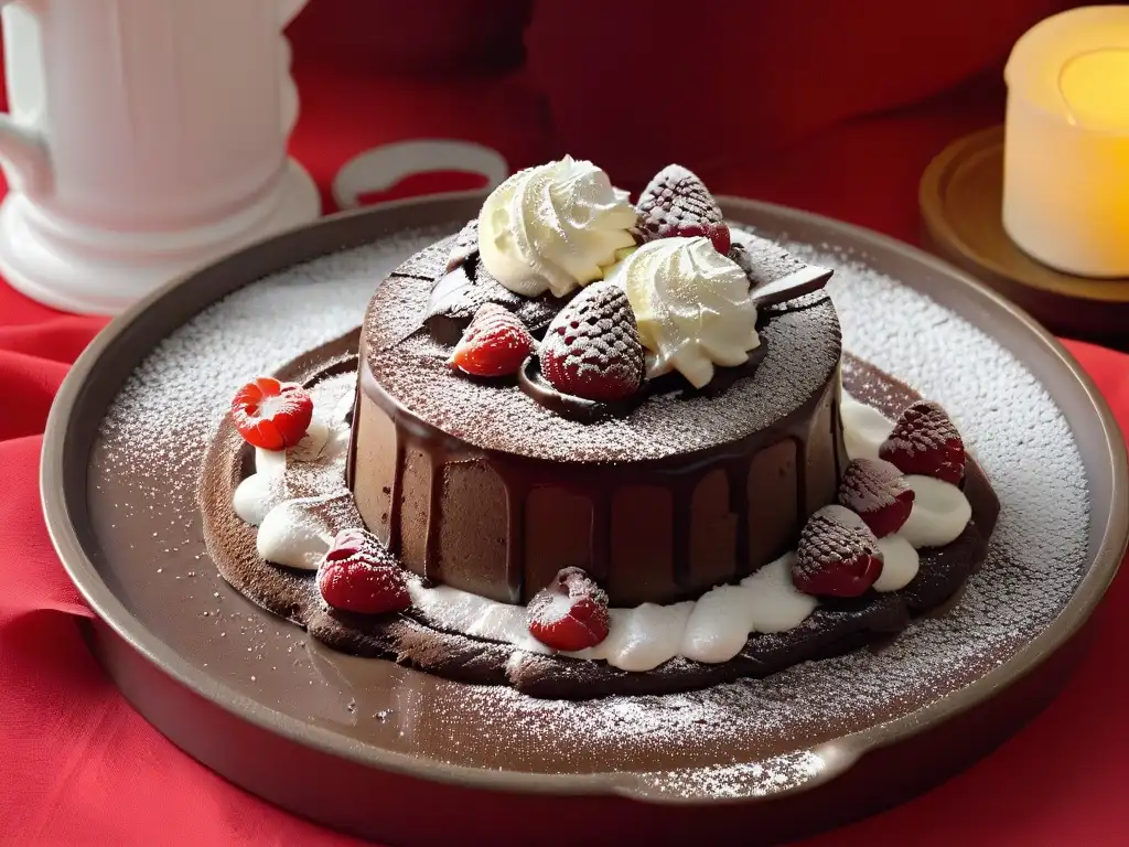 Exquisito pastel de lava de chocolate con helado de vainilla, frambuesas frescas y azúcar glass