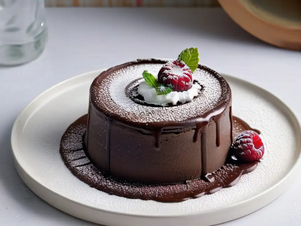 Un exquisito pastel de lava de chocolate con frambuesa y hoja de menta en un plato moderno