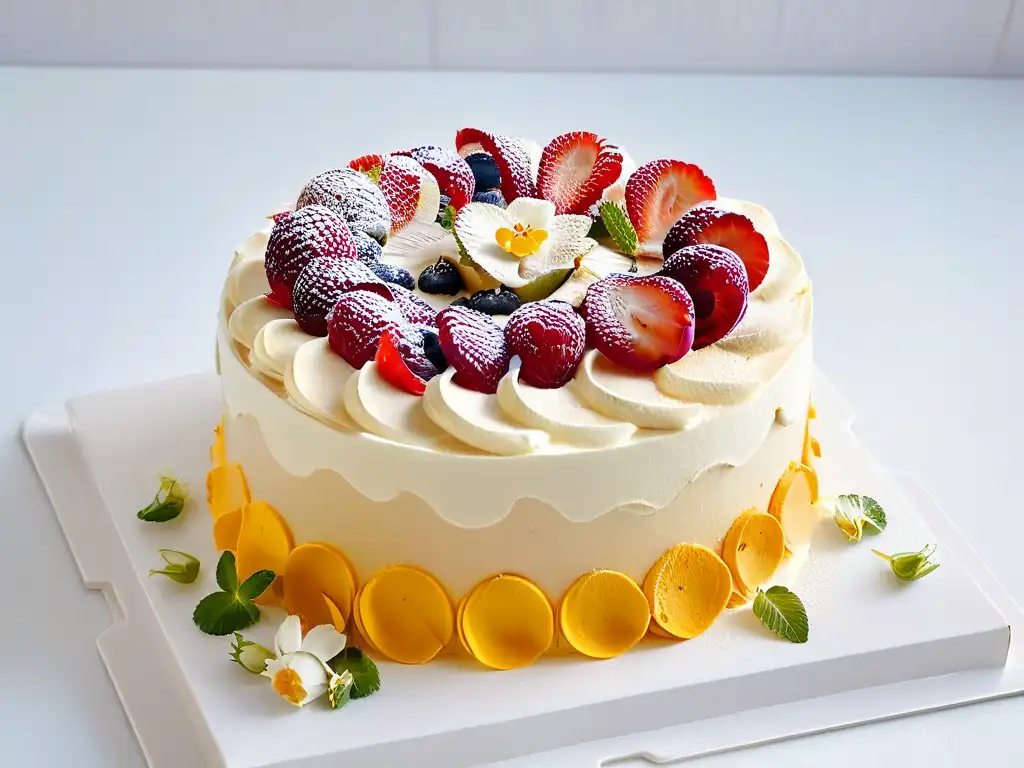Tres Leches: Pastel Latino Fusionado Un exquisito pastel tres leches decorado con flores comestibles y frutas frescas