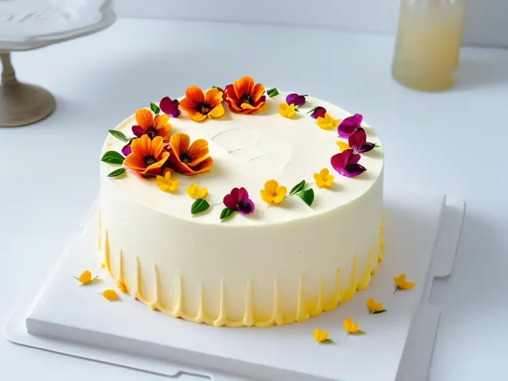 Exquisito pastel de tres leches decorado con flores comestibles y detalles elegantes, reflejando la influencia de la repostería latina en tendencias globales