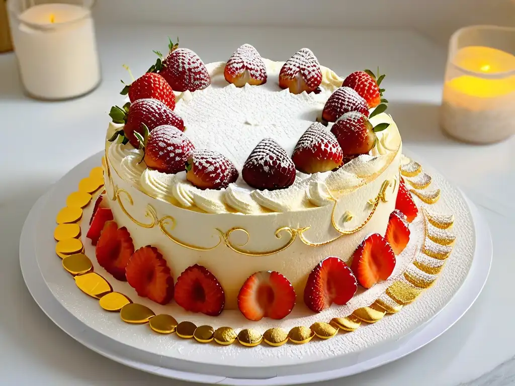 Un exquisito pastel tres leches con fresas y detalles dorados, reflejo de influencias internacionales en repostería de lujo