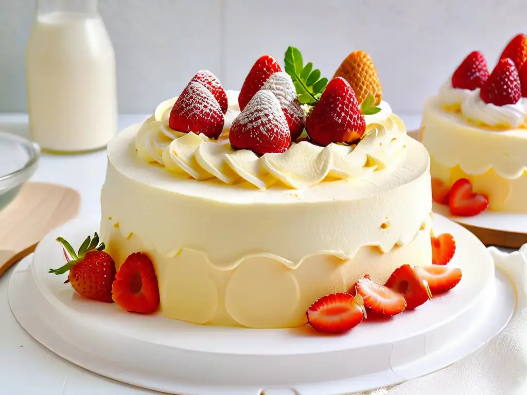 Un exquisito pastel Tres Leches gourmet con fresas frescas, en un elegante plato blanco en una cocina gourmet