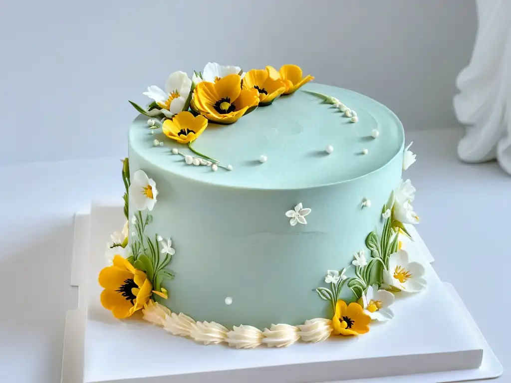 Exquisito pastel minimalista con flores comestibles y detalles elegantes, reflejando tendencias globales repostería menos azúcar