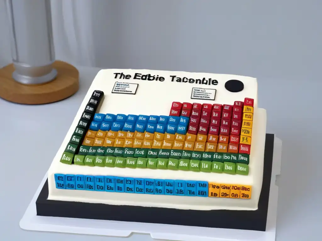 Exquisito pastel minimalista inspirado en The Big Bang Theory, con la tabla periódica como protagonista en un diseño preciso y moderno