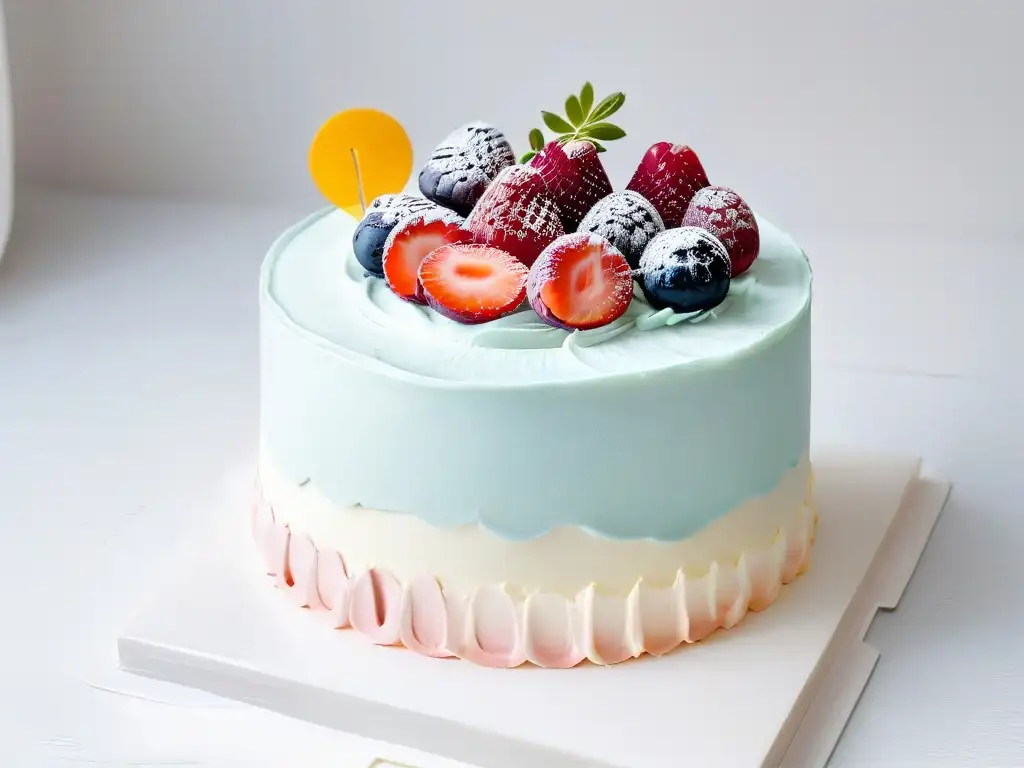 Un exquisito pastel multicolor con técnicas de relleno y cobertura, perfecto para deleitar los sentidos