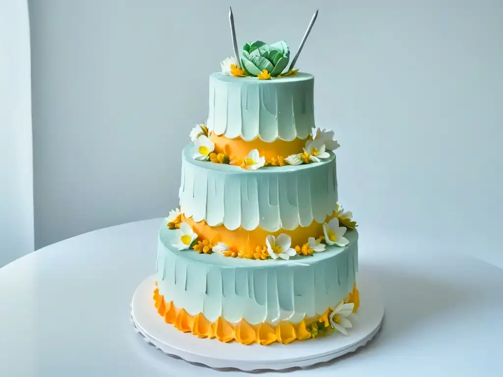 Un exquisito pastel de tres niveles decorado con detalle, flores de azúcar y repostería delicada, en un fondo limpio