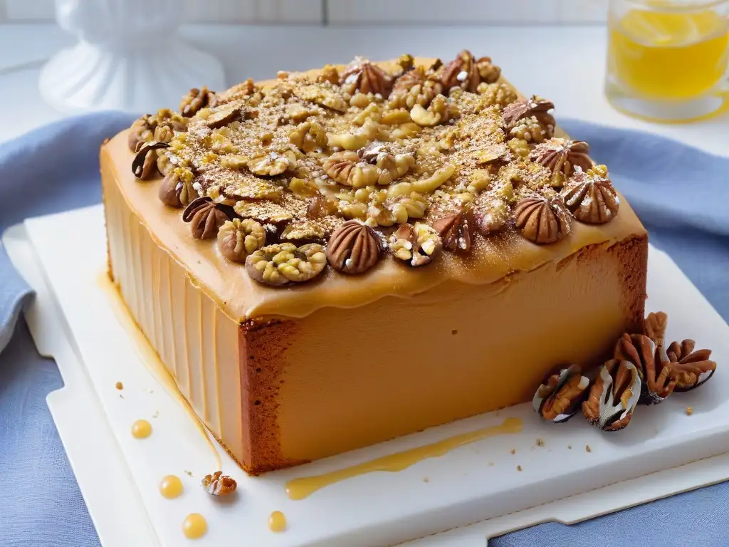 Un exquisito pastel de nueces recién horneado con miel, sobre mármol blanco